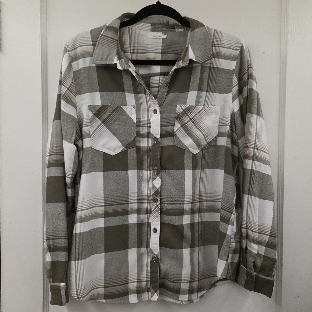 Maurices Olive Green White Plaid Button Down Shirt No Size Tag